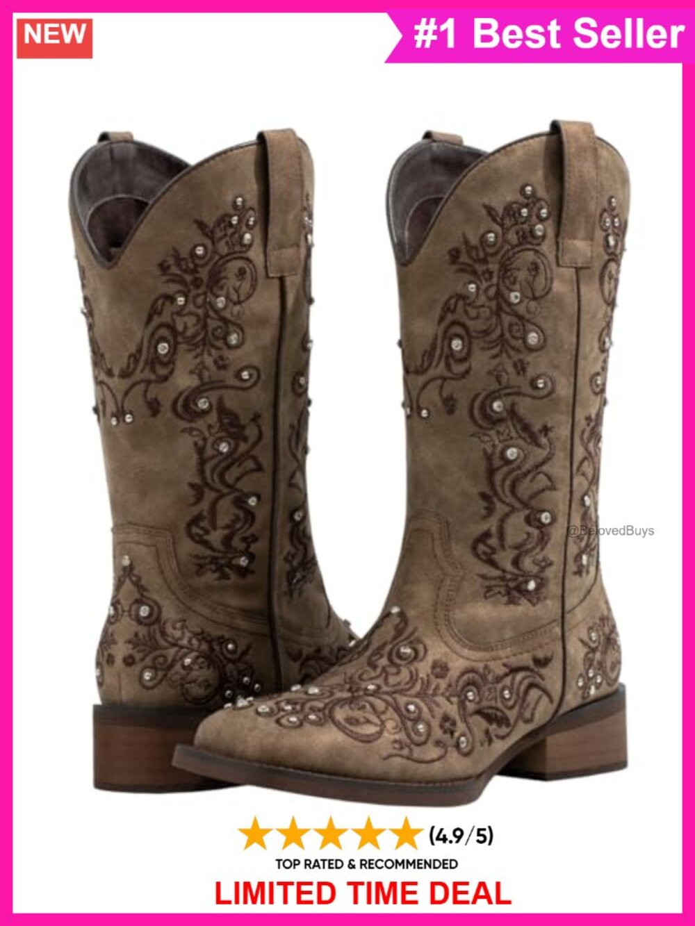 Women's Western Cowboy Boots Mid-Calf Square Toe Faux Leather Floral Embroidered